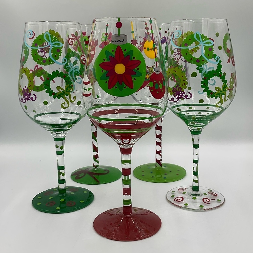 5 Raise The Bar Large 10” Hand Painted Wine Glasses with Christmas Designs